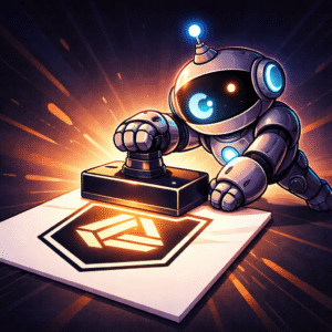 AInstain stamping a bold modern tech logo onto a design card, representing Ideogram AI’s branding and typography-focused image generation capabilities.