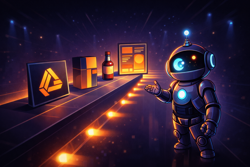 AInstain presenting logo, packaging, and poster designs on a dramatic runway stage, representing Ideogram AI’s branding and typography-focused image generation.