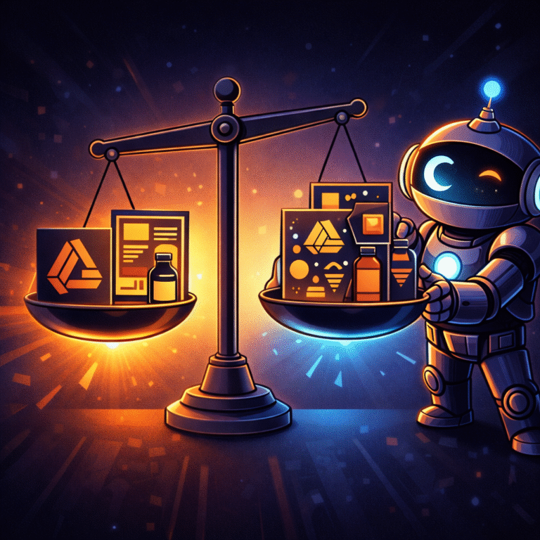 AInstain comparing polished and cluttered branding designs on a balance scale, representing the pros and cons of Ideogram AI’s typography and layout capabilities.