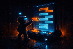 AInstain placing an orange task block into a cyan segmented daily planner terminal in a dark high-contrast sci-fi room.