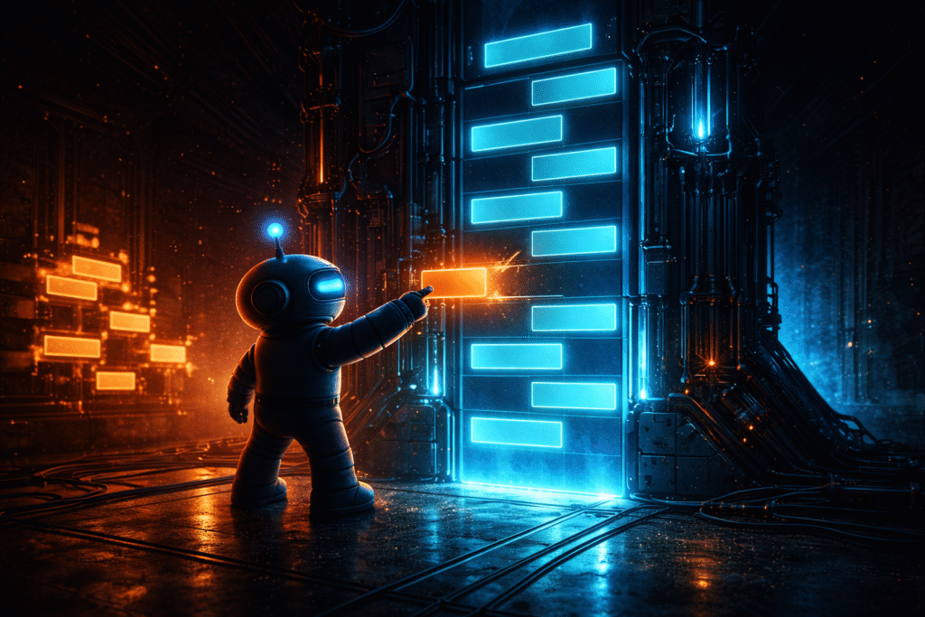 AInstain placing an orange task block into a large cyan segmented time gate in a dark cinematic futuristic environment.