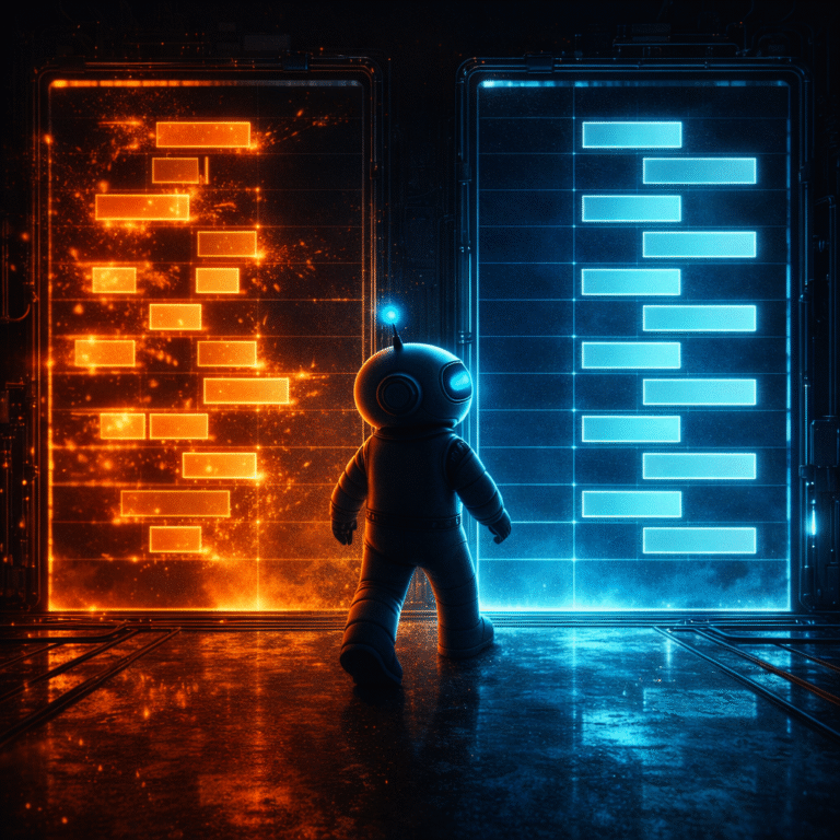AInstain standing between chaotic orange task blocks and a structured cyan daily timeline in a dark sci-fi setting.